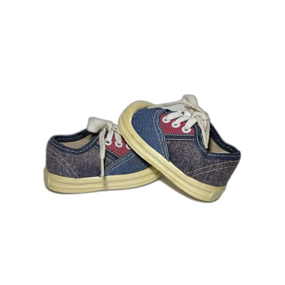 Vintage Baby Shoes Sneakers Size 2 Denim Blue & Red  Made USA